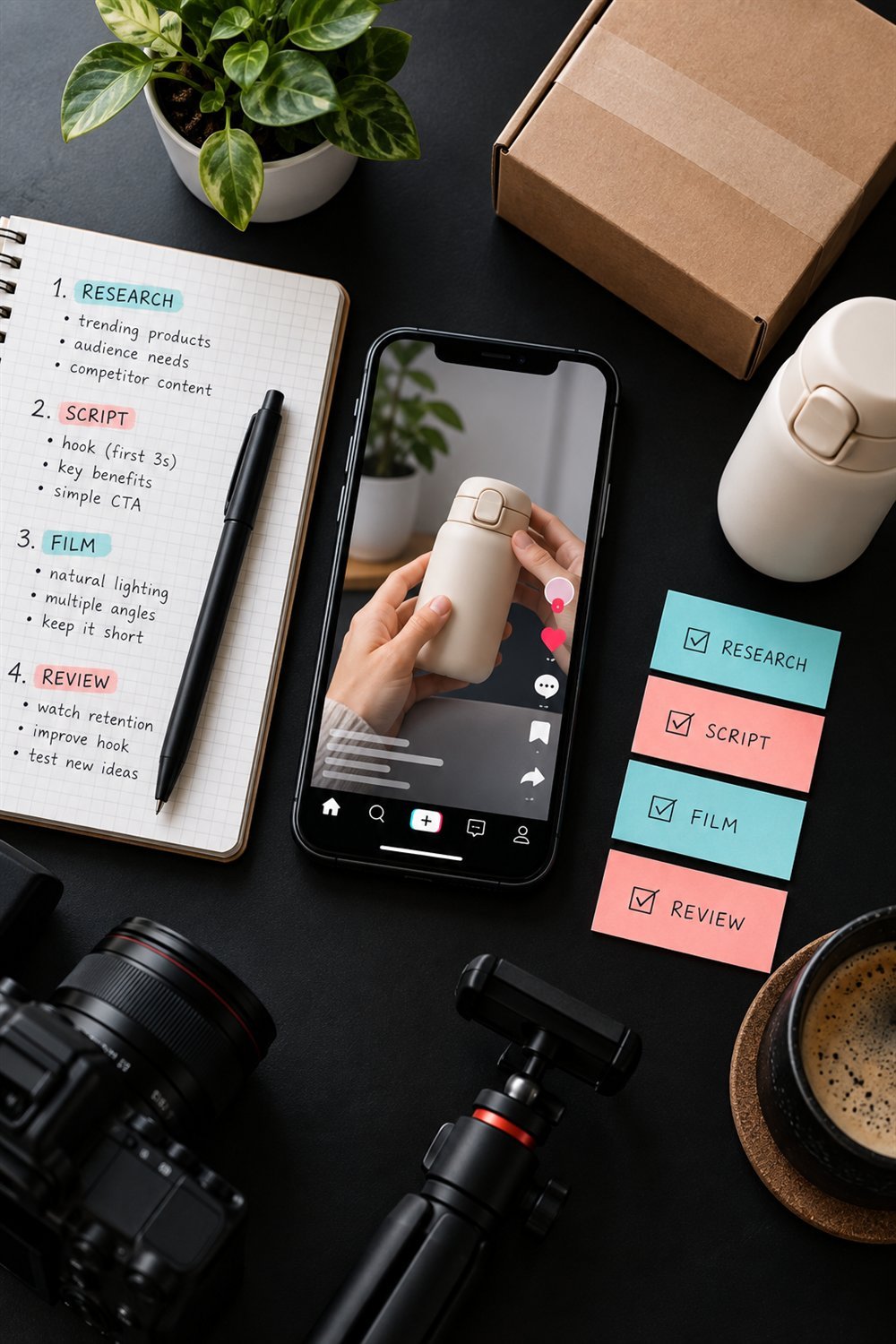 Social commerce content planning desk with a phone, product, notebook, and filming equipment
